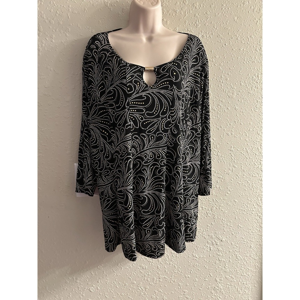 Cato Mesmerized Blouse Womens 18/20W Plus Black White Keyhole Top 1523*11